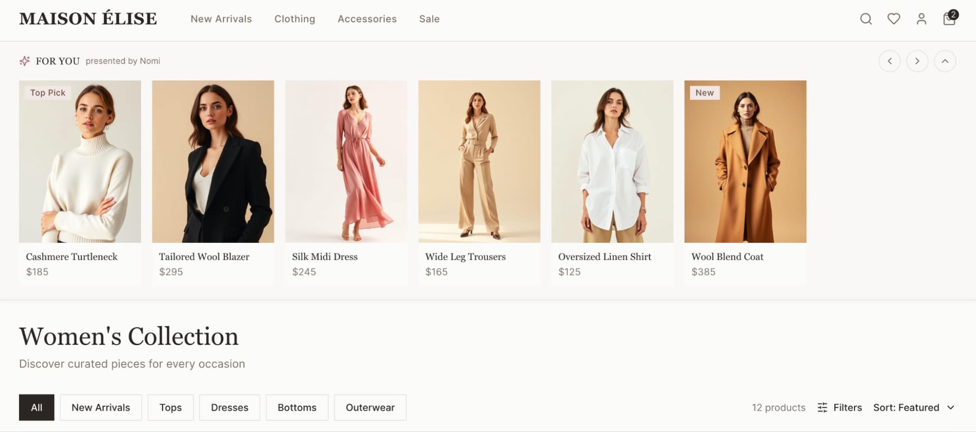 MAISON ÉLISE storefront with Nomi's For You personalization carousel
